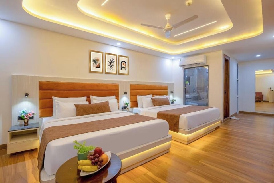 Premium bedding, desk, laptop workspace, soundproofing