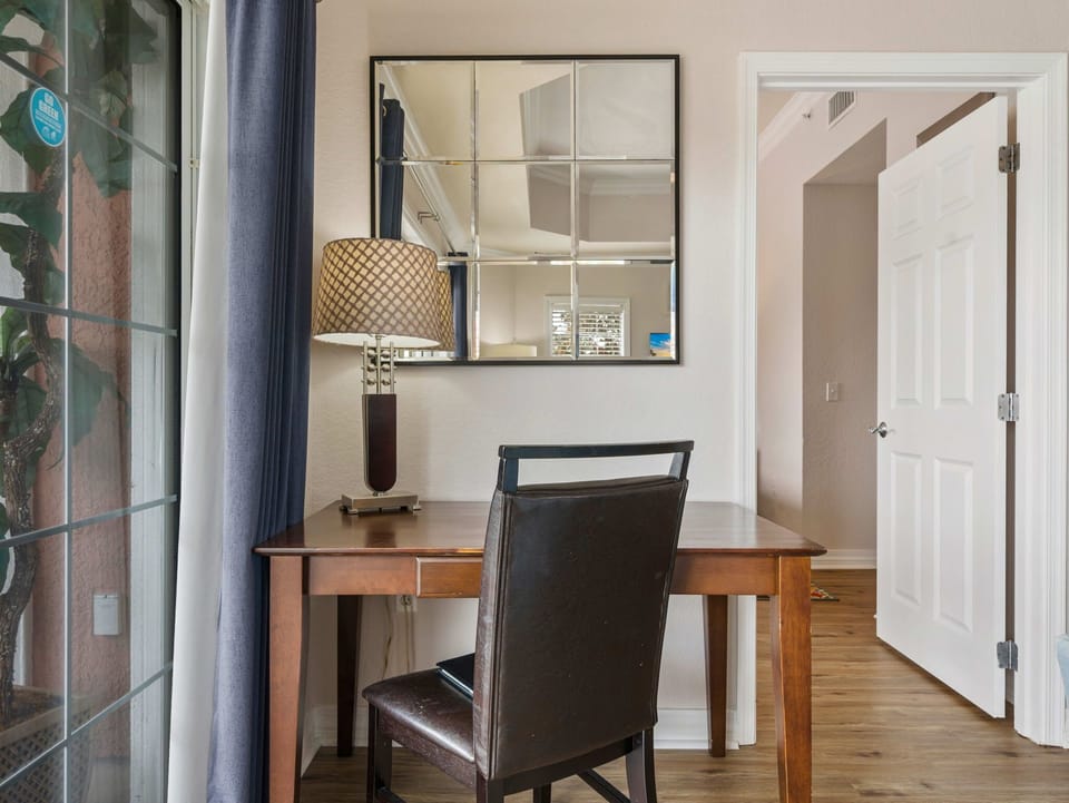 A quiet desk workspace perfect for catching up on emails, planning your park days, or working remotely during your stay.