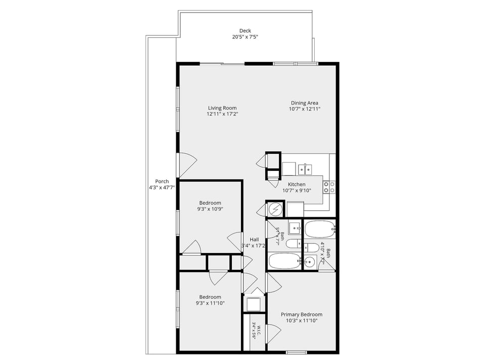 3-bedroom layout with open living space, porch, and large deck