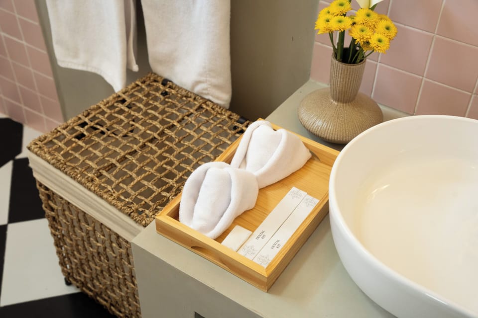 Free toiletries, hair dryer, slippers, towels