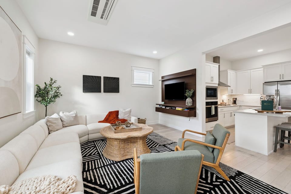 Bright open living space designed for relaxing after a beach day