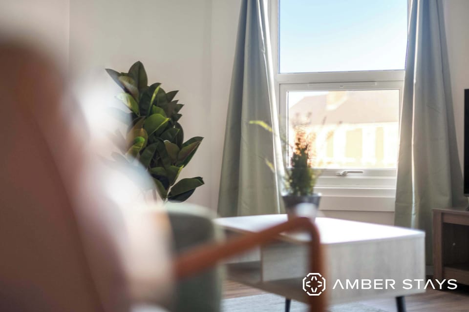 A living room features a wooden coffee table, a potted plant by a large window with grey curtains, and a green leafy plant in the corner.