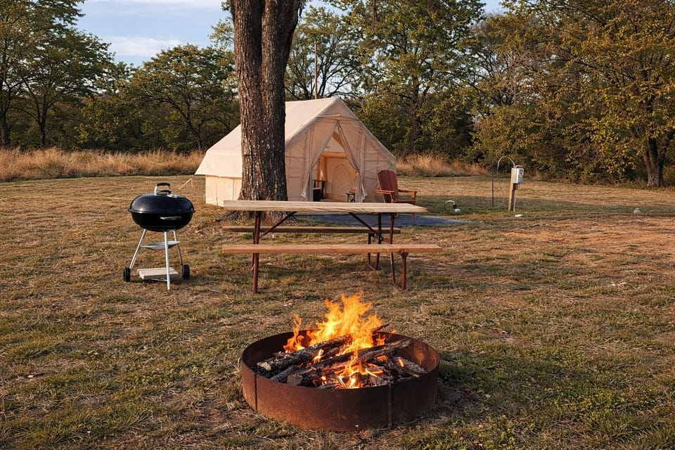 Gather around the fire pit at sunset and enjoy a true outdoor glamping experience