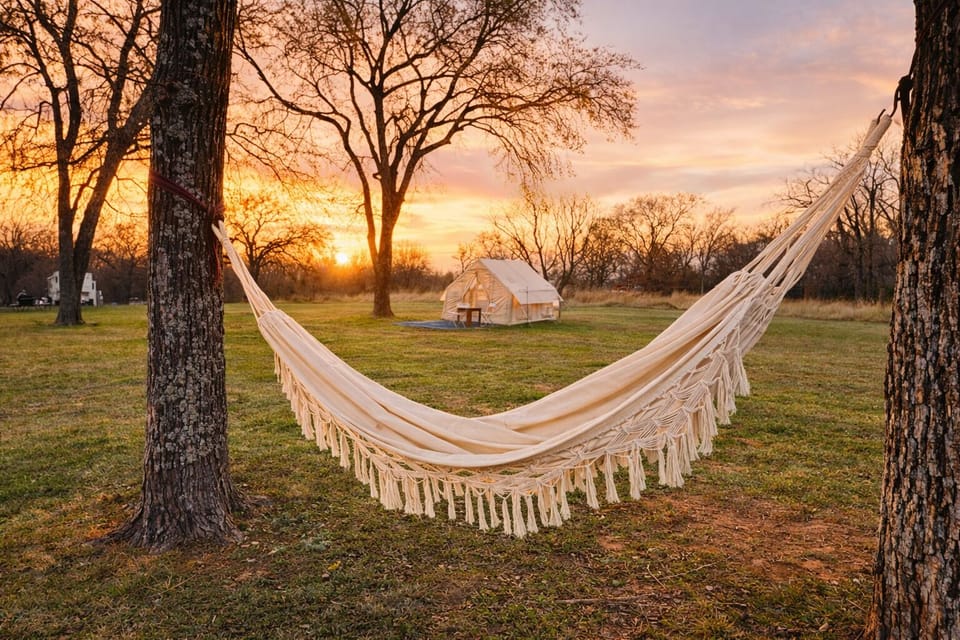 Relax in the hammock and enjoy peaceful views of our glamping tents and the beautiful open nature around you