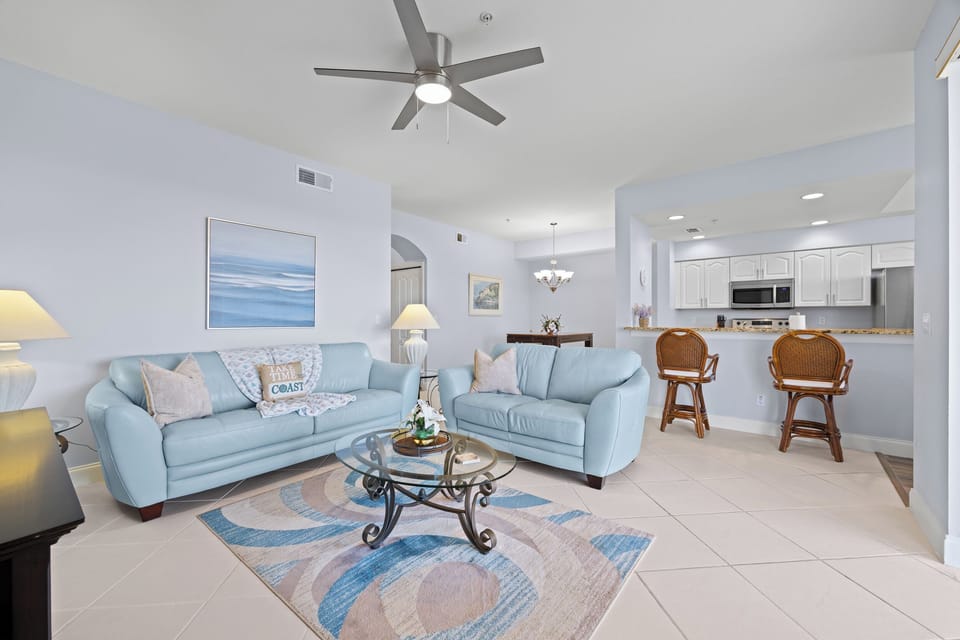 Coastal Living Room & Open Kitchen Layout