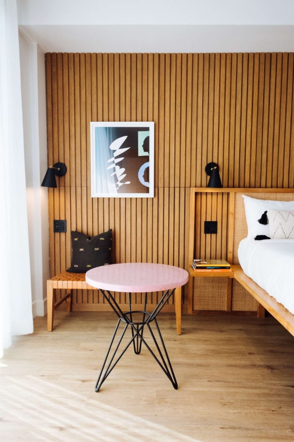 Deluxe King Ocean with Terrace - Pink table and bench beside wood paneled wall