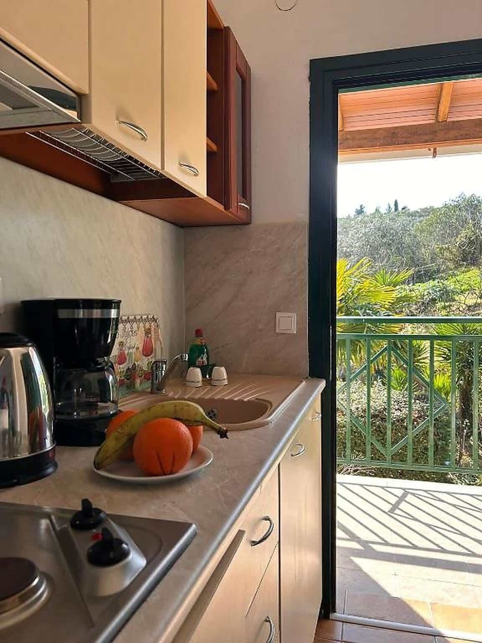 Fully equipped kitchenette in the open living space with balcony access and garden views.