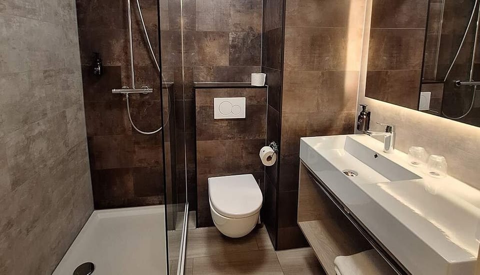 Refresh in a sleek walk-in shower with modern finishes.