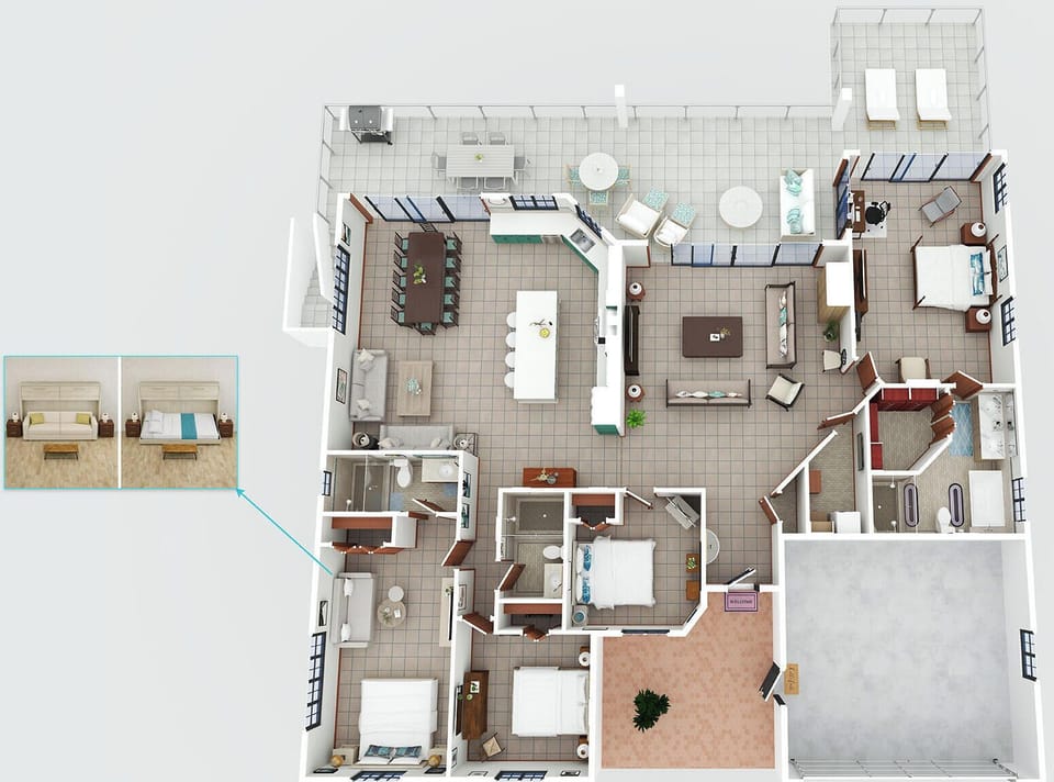 Main Villa - 3D Floor Plan:  The King bedroom off of the kitchen is perfect for couples, families (includes a second queen bed), or adult friends with a real bed for each guest. The Murphy/wall bed folds away neatly when not in use.