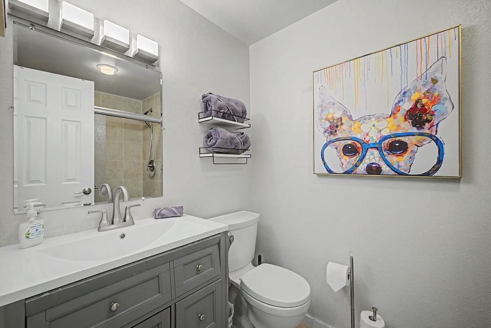 Bathroom featuring a gray vanity, framed dog artwork, and wall-mounted towel racks.