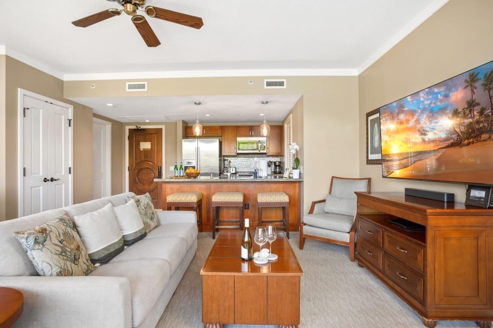 Soothing island living with bright open-plan design, stainless kitchen, comfy sofa & smart TV for easy nights HKK-236