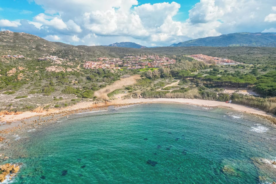 Aerial view of the beach of cala Canneddi, near Badesi and Isola Rossa
