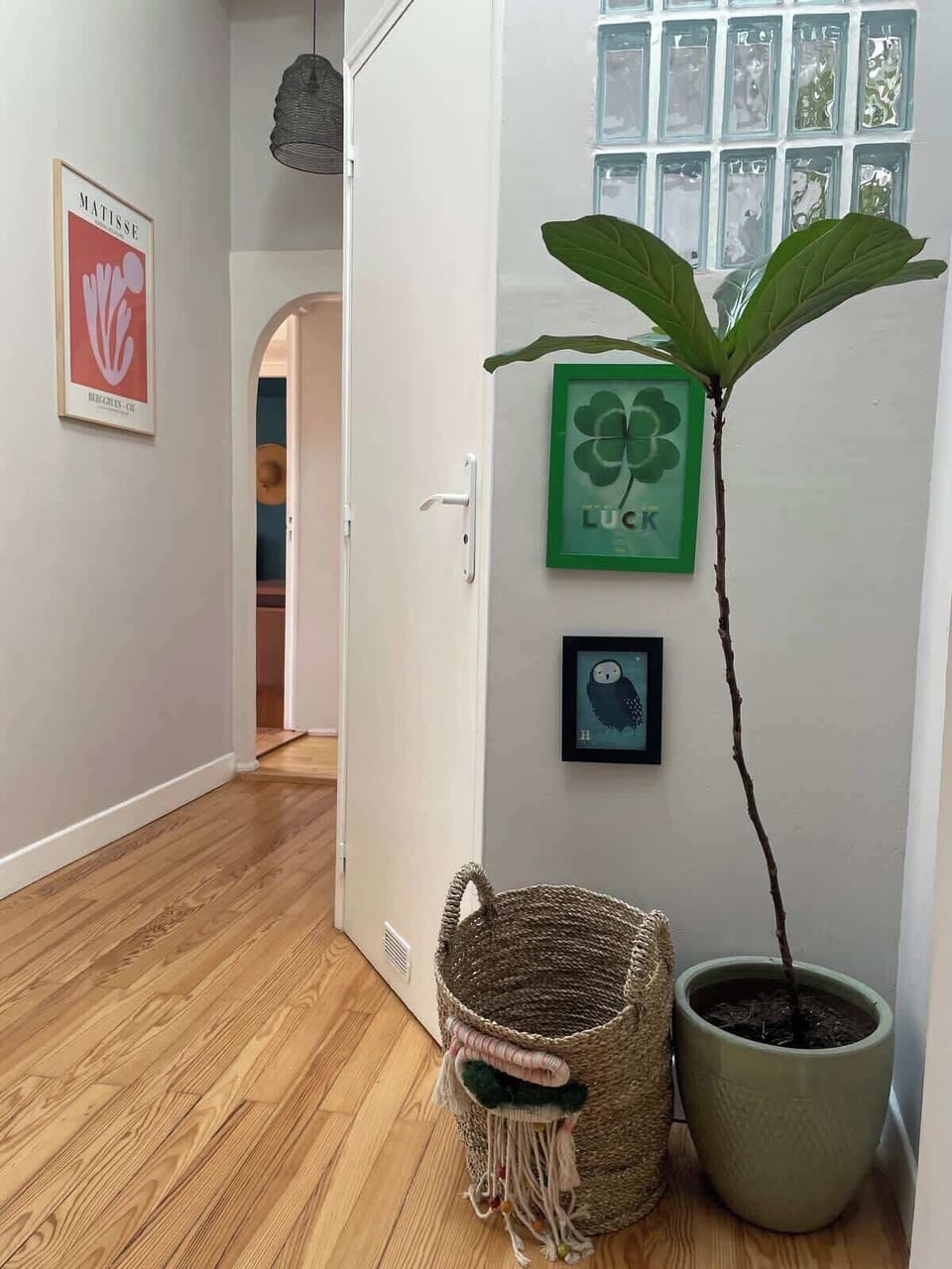 Couloir décoré avec tableaux colorés, plante tropicale et briques de verre