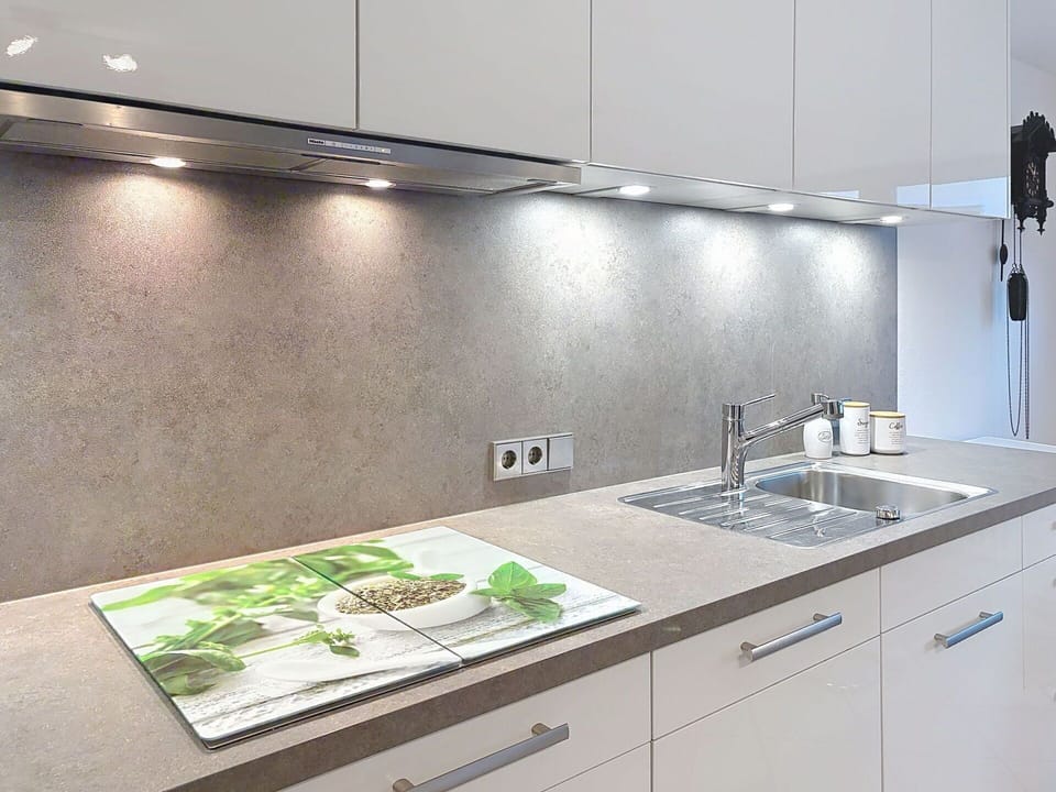 Kitchen, Countertop, Interior Design, Plumbing Fixture, Flooring, Kitchen Appliance, Home Appliance, Tap, Lighting, Home