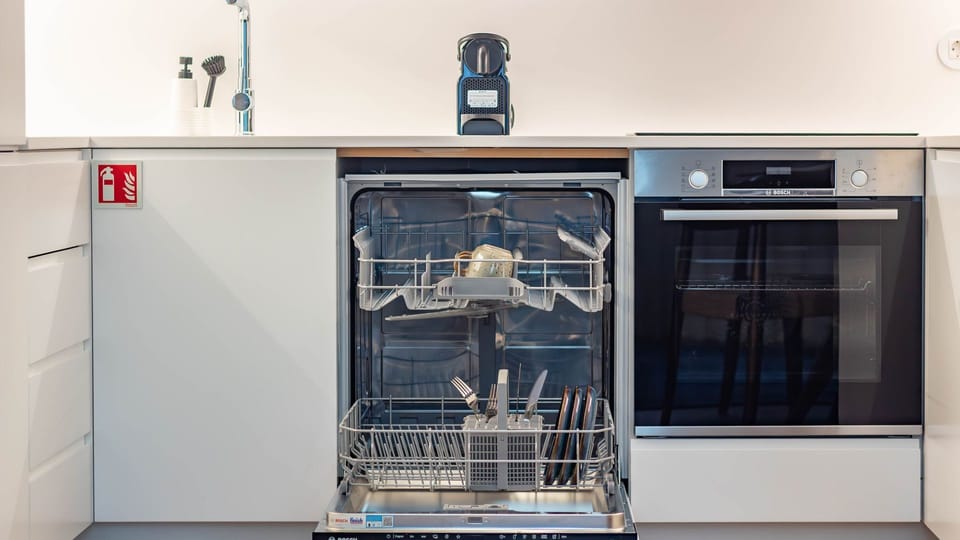 Fully equipped kitchen with a built-in dishwasher and oven, offering both convenience and modernity in one space. #ConvenientLiving #SleekDesign