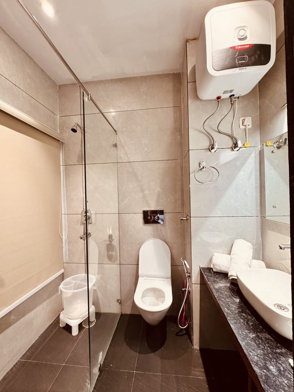 Shower, towels, soap, shampoo
