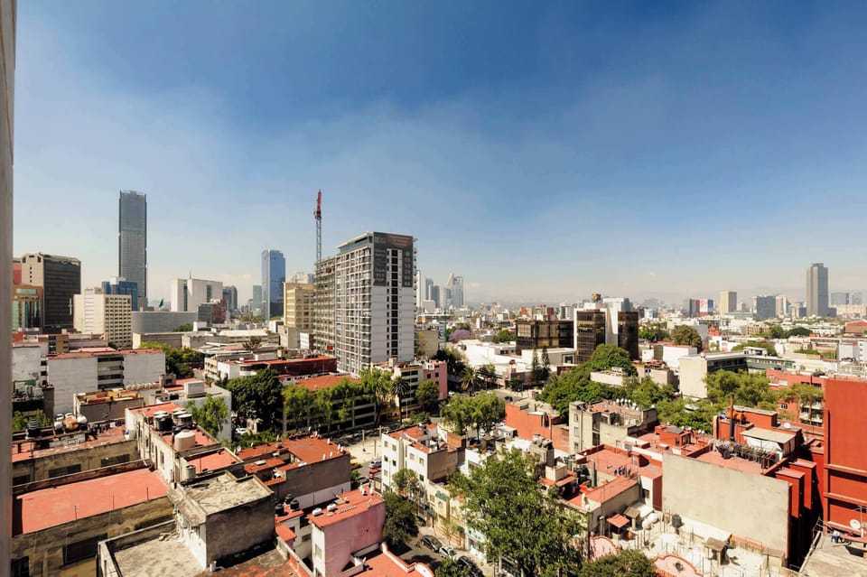 Panoramic city view from the apartment.