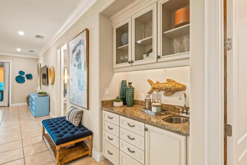 Bright hallway with built-in storage cabinets