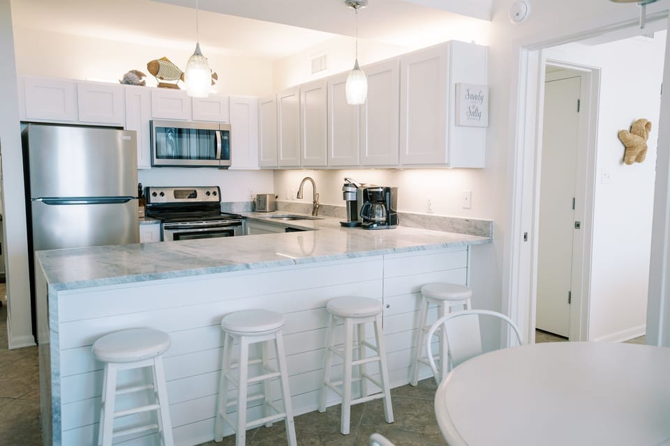 Fully stocked kitchen with everything you need for real meals, not just quick snacks. Keurig + Coffee Brewer options for you! Just BYO coffee. :)