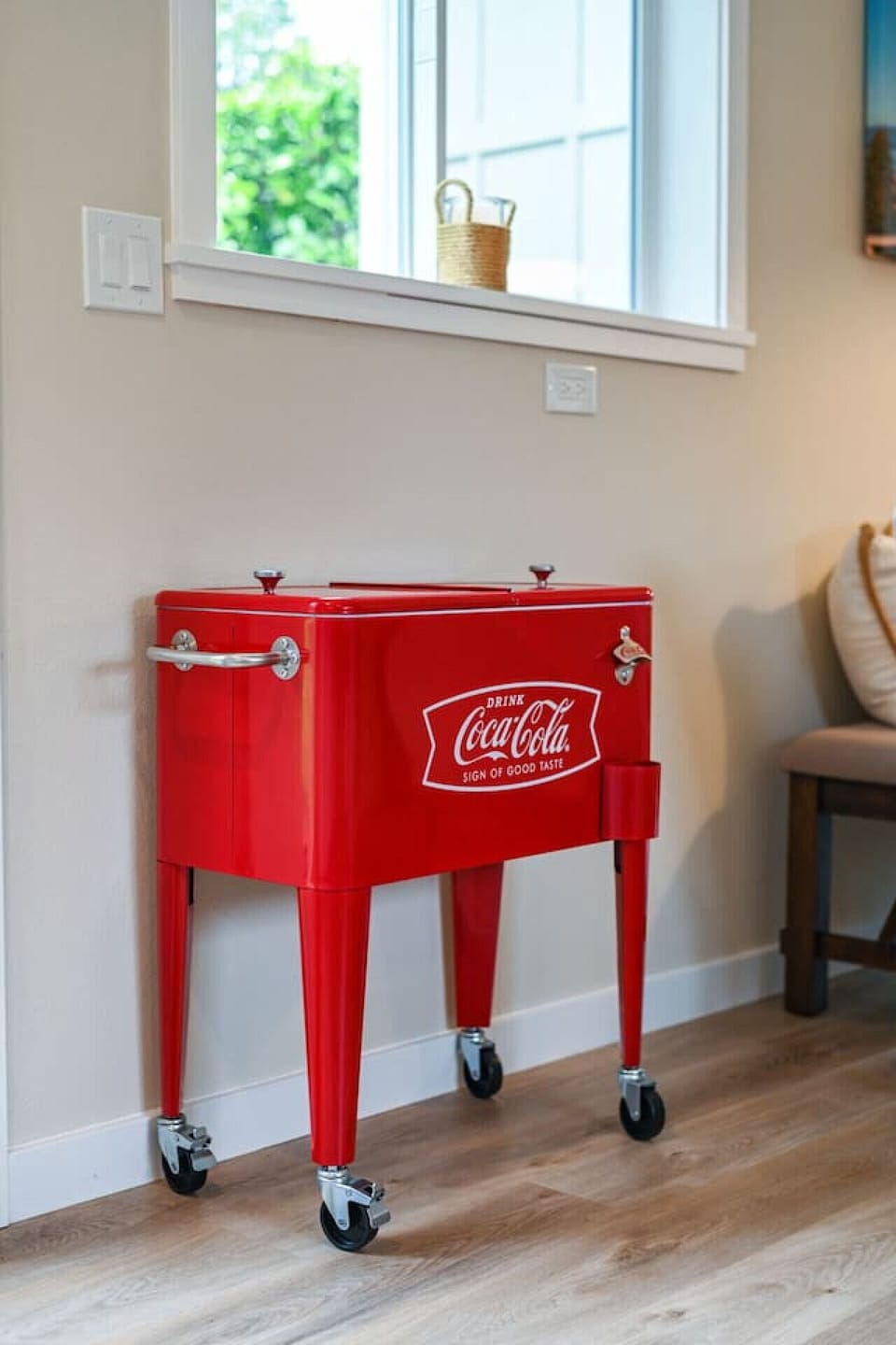 Pop open a cold one—classic red Coke cooler adds a fun vintage touch.