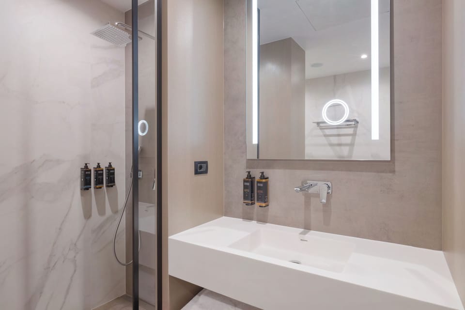 Shower, rainfall showerhead, hair dryer, bathrobes