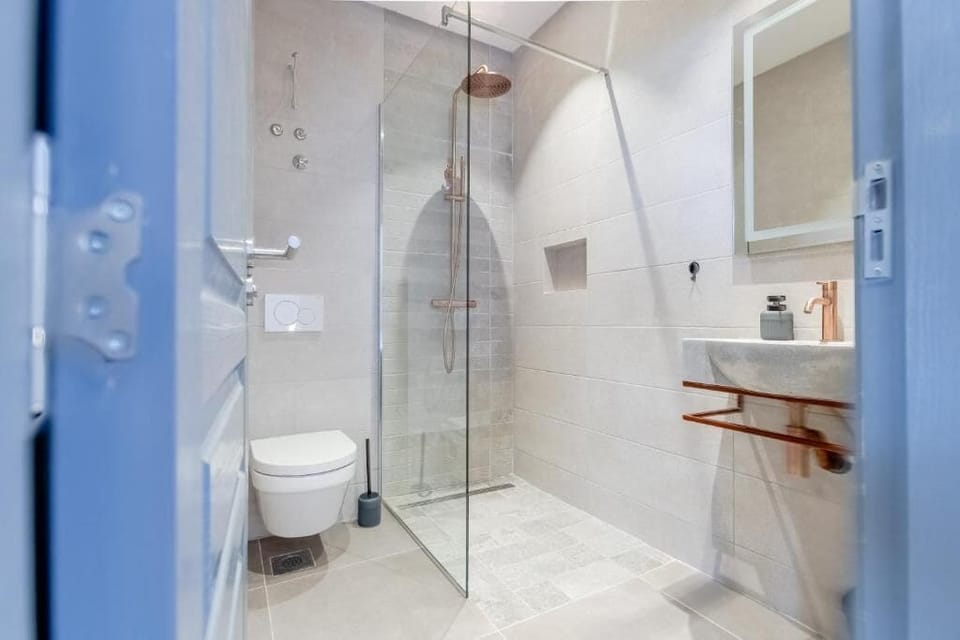 Shower, hair dryer, slippers, towels