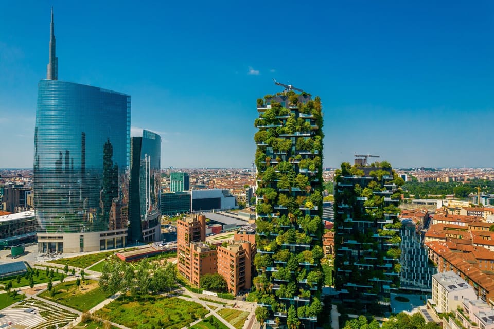 The famous Bosco Verticale (Vertical Forest) skyscraper, with the Unicredit Tower on the left