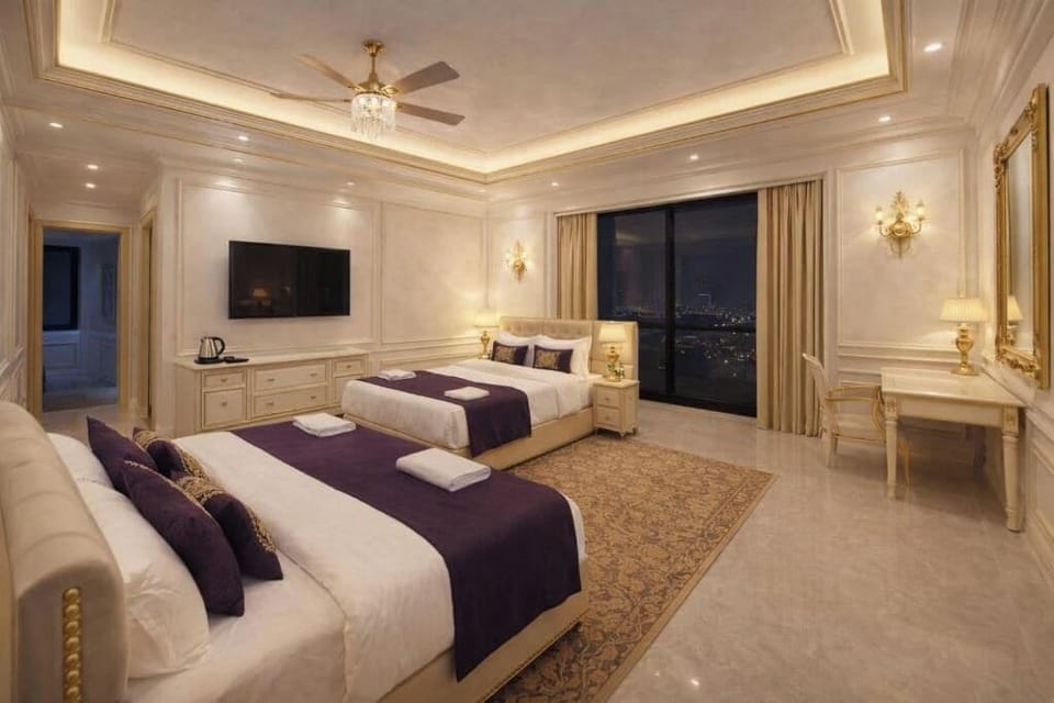 Premium bedding, desk, laptop workspace, soundproofing