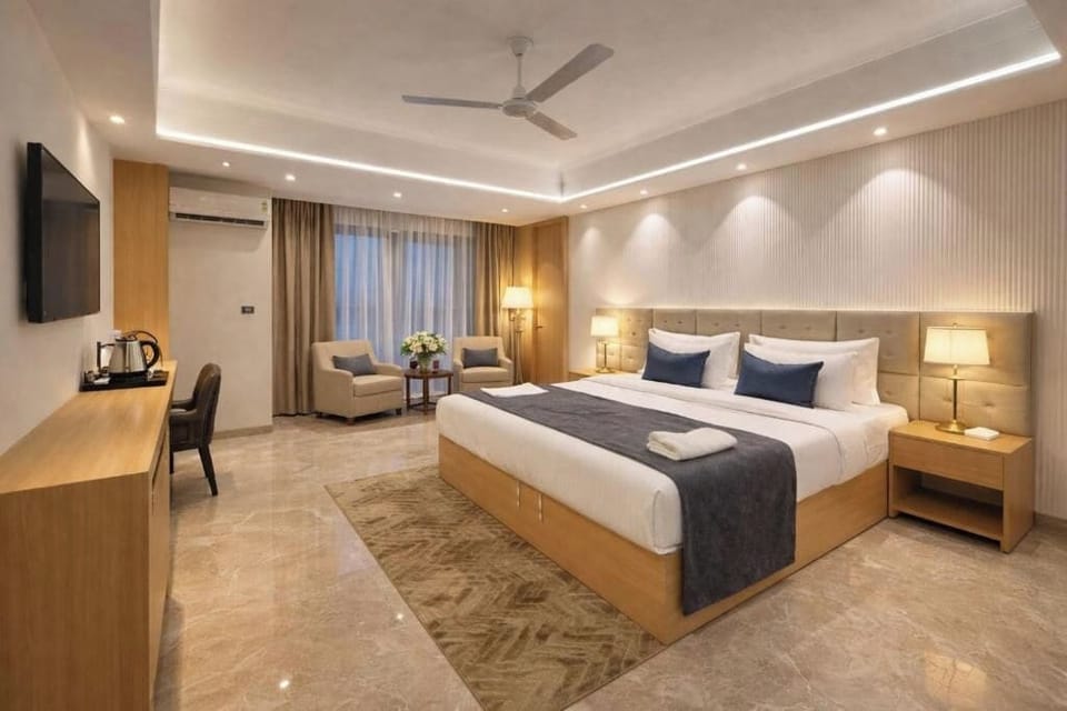 Premium bedding, desk, laptop workspace, soundproofing
