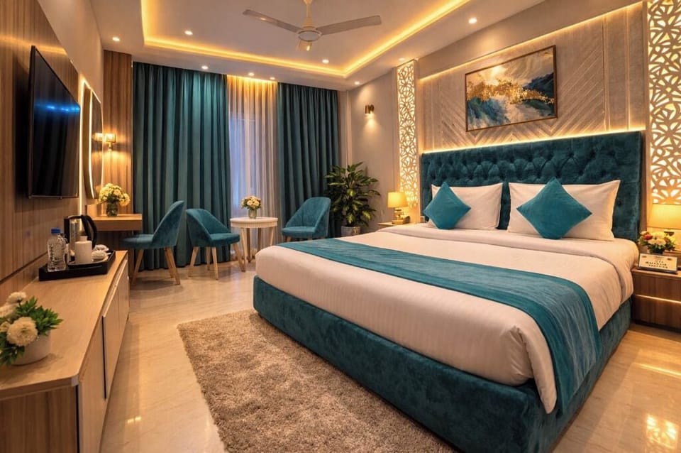 Premium bedding, desk, laptop workspace, soundproofing