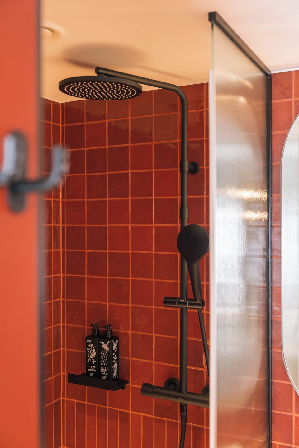 Shower, rainfall showerhead, eco-friendly toiletries, hair dryer