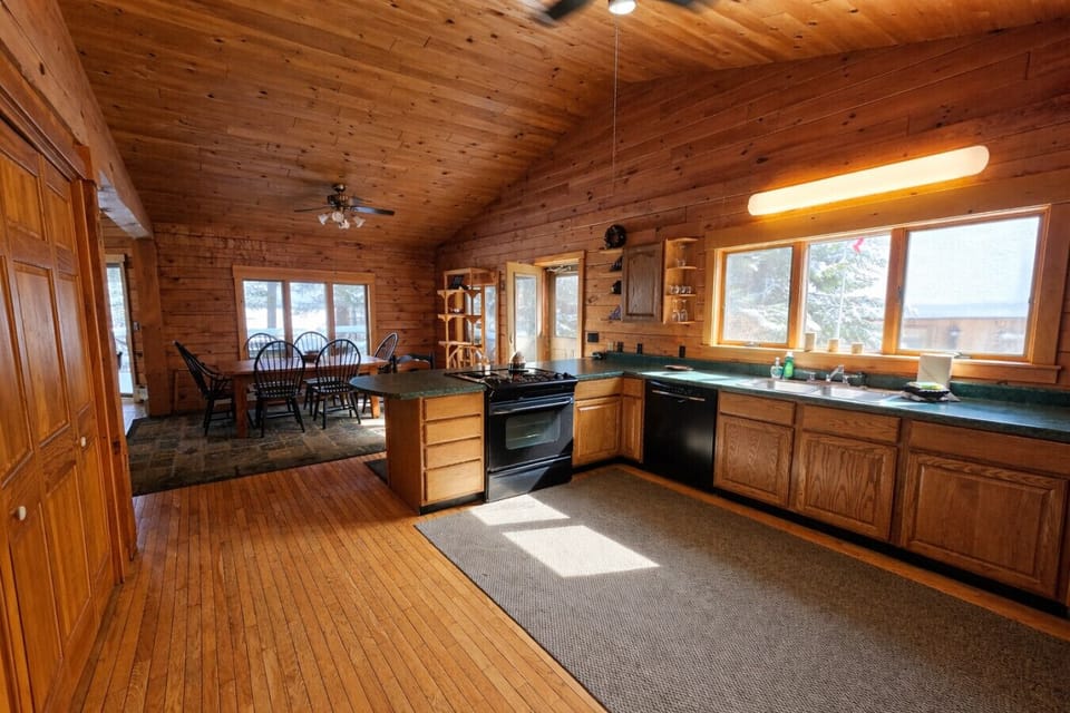 large kitchen and dining area