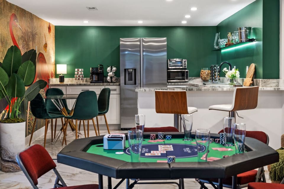 Chips, cards, drinks at hand—this poker table is ready for your group’s ultimate night.