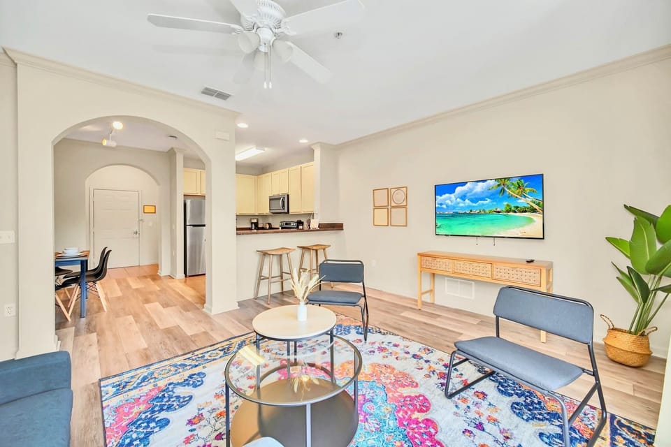 Living room with smart TV and modern furnishings