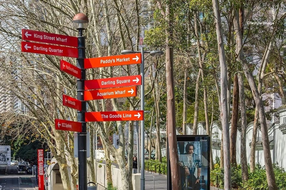 Directional signs in nearby park area
