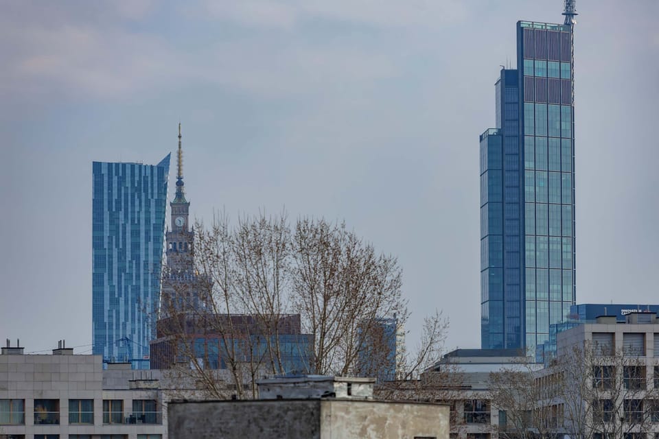 A view of the city, with the towers of the Palace of Culture and Science visible on the horizon.