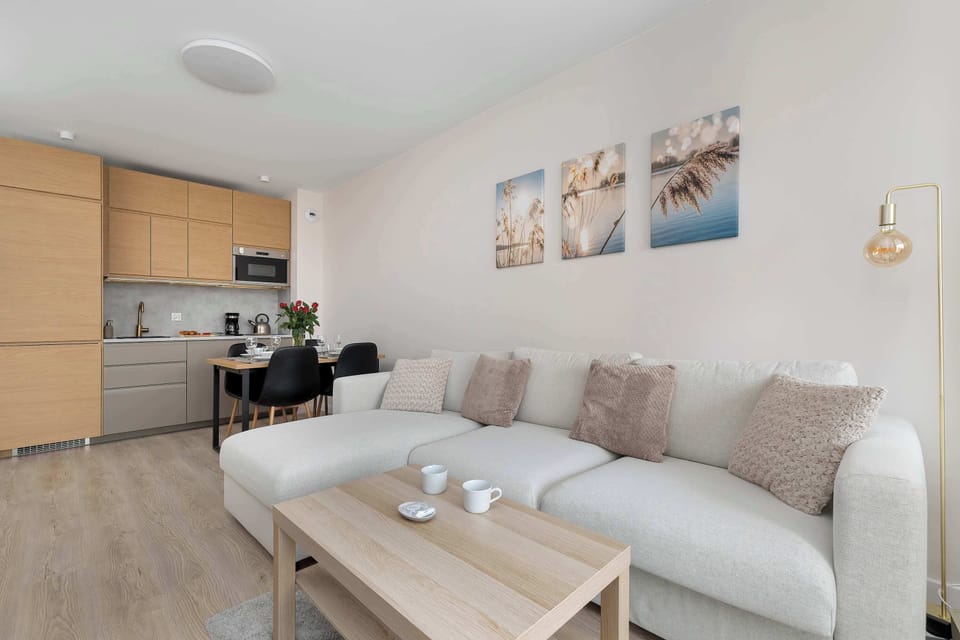 An open living area connecting the living room with the kitchen, air-conditioned and decorated in a cohesive, modern aesthetic of white and wood.