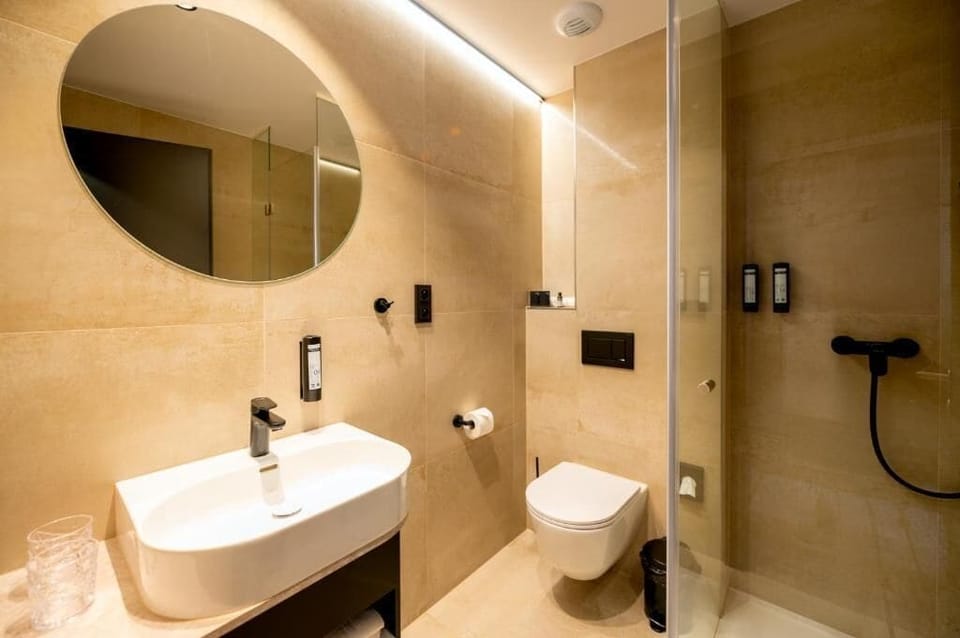 Hair dryer, towels, soap, shampoo