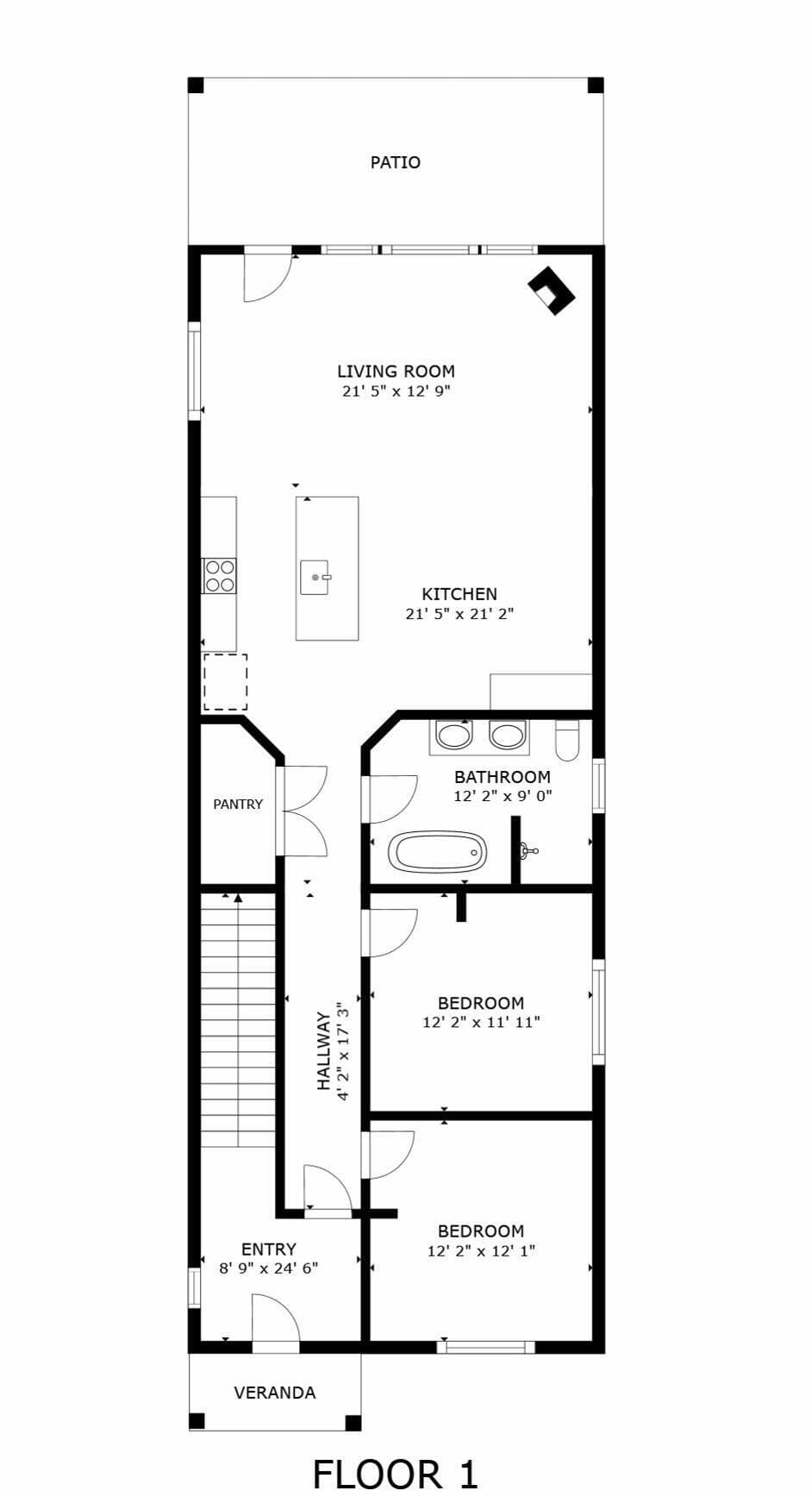 Clear floor plan showing your spacious two-bedroom layout with an open living area, full kitchen, bathroom with tub, private patio, and welcoming veranda entrance.