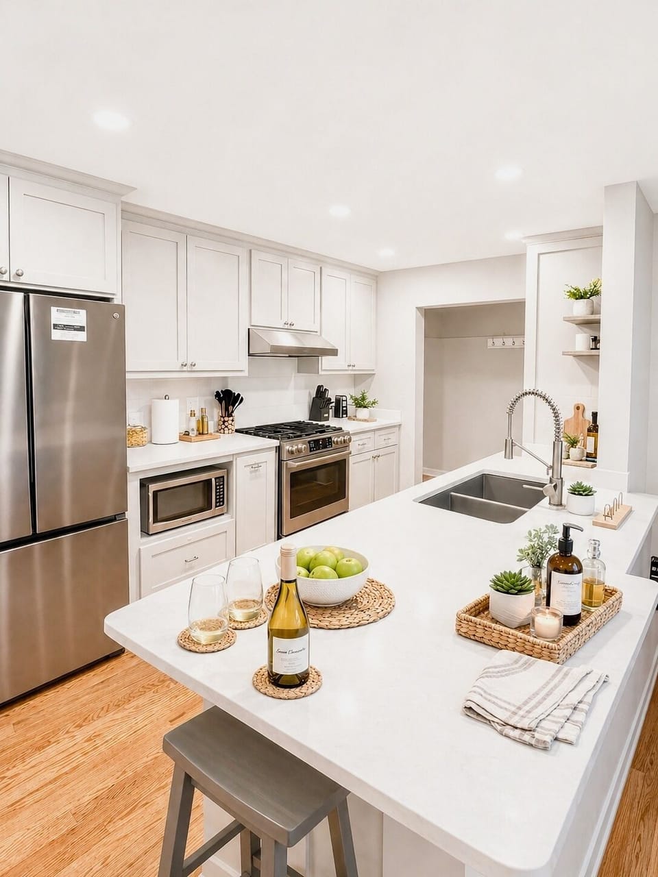 Bright, modern kitchen with stainless steel appliances. Fully equipped 
