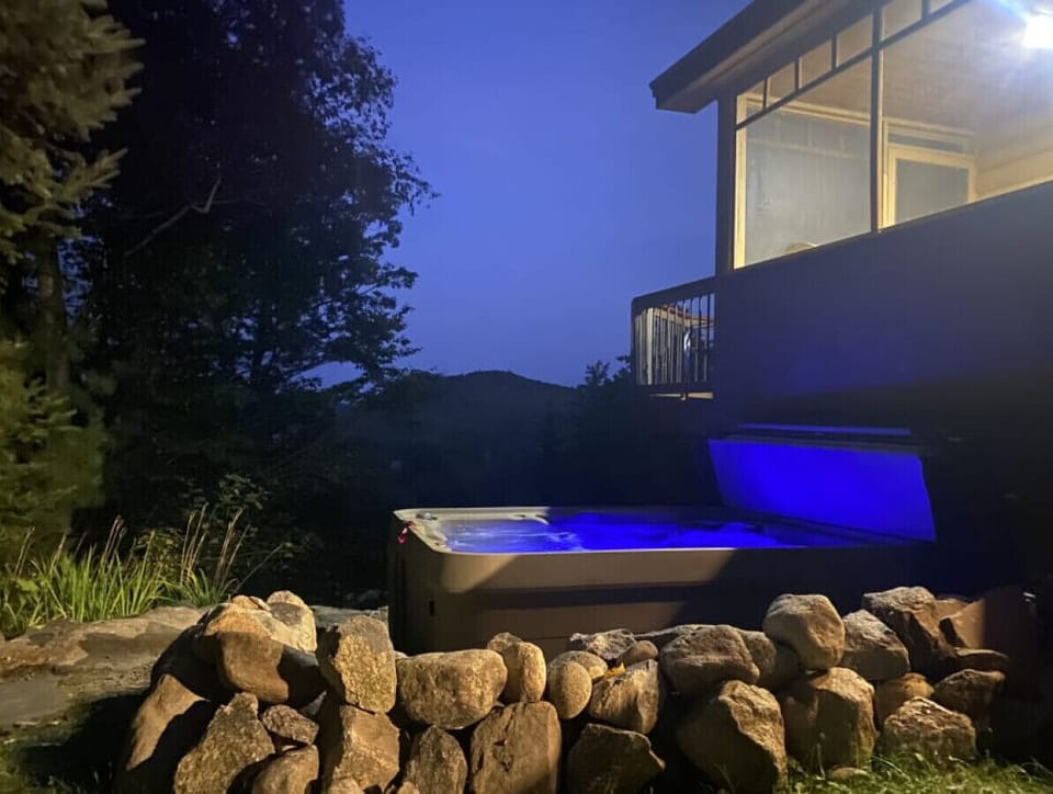 Patio | Hot Tub | Night Lighting & Hillside Views