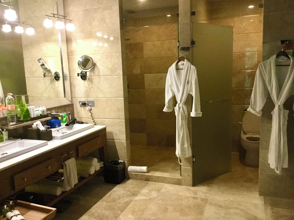 Double sink vanity and enclosed shower and toilet room.