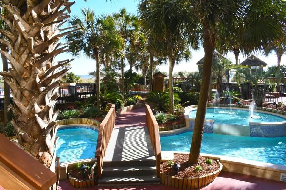 Palm trees and pools