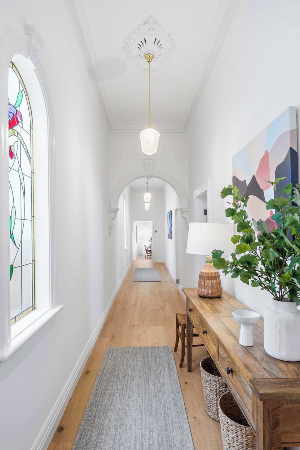 Hallway with leadlight window