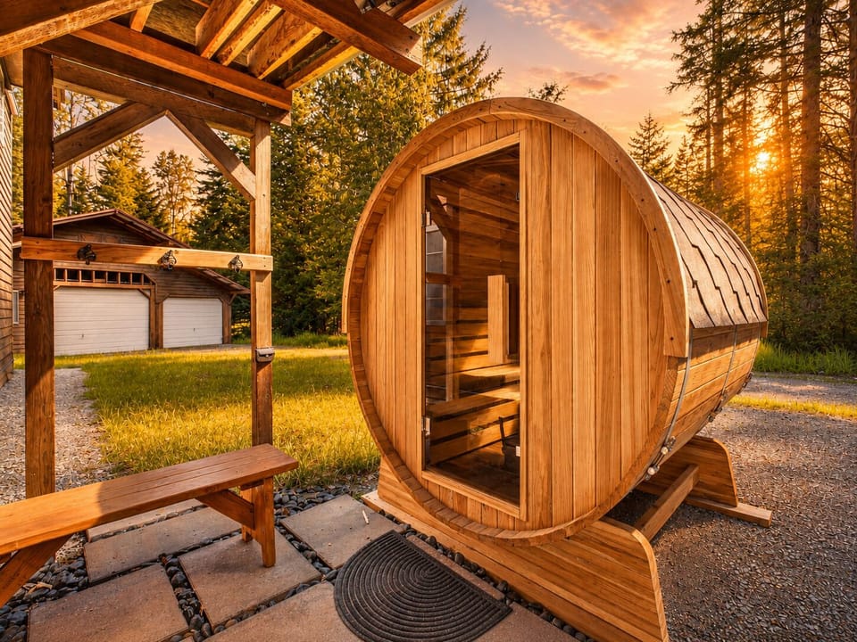 The barrel sauna sits just outside, creating a true private retreat experience