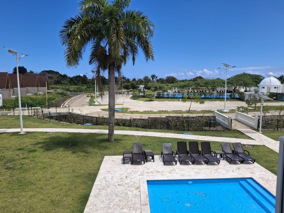 Pool behind building