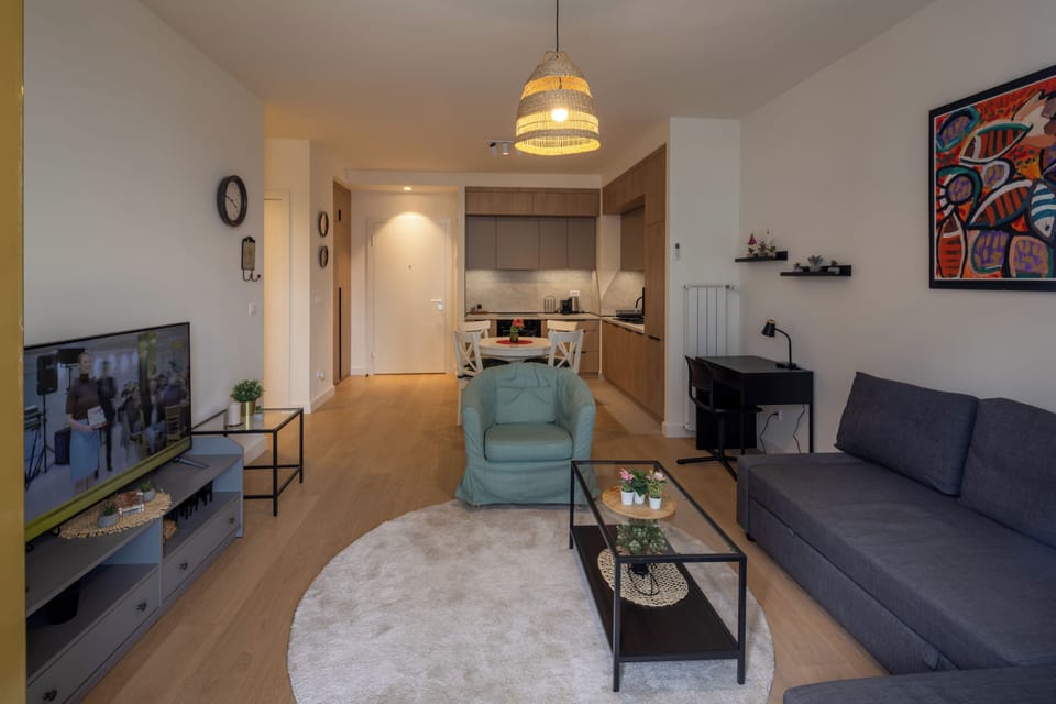 Deluxe Apartment, City View | Living area | 50-inch Smart TV with cable channels