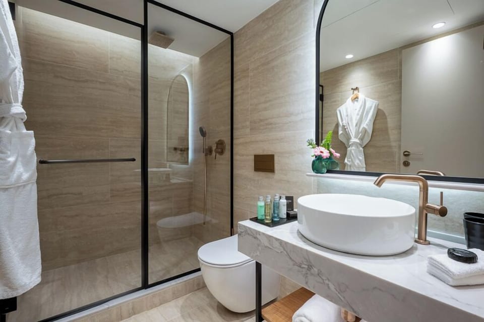 Combined shower/tub, free toiletries, hair dryer, towels