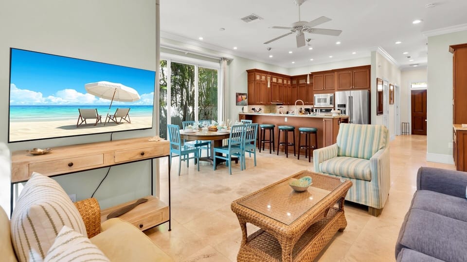 The spacious living room offers plenty of comfortable seating...