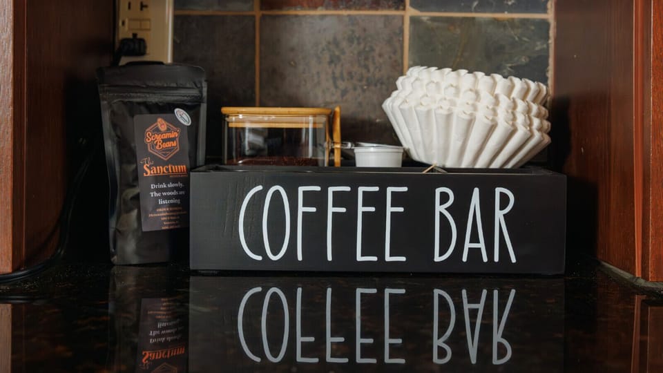 Stocked coffee bar with filters and beans makes early mornings easier for every family reunion crew